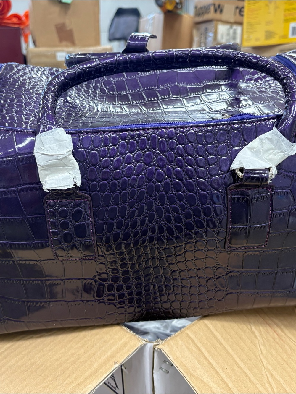 Glossy Purple Croc-Embossed Travel Duffle Bag